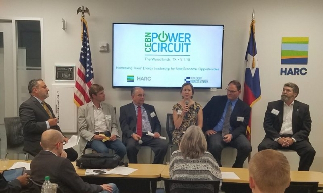 Local companies in The Woodlands join multinational corporations for a discussion on Texas' clean energy growth areas. From L to R: James Jackson, Chief Business Development Officer, Thermal Energy Partners; Trey Price, Senior Vice President, MP2; Fersheed Mody, Manager, Global Research and Development, Apache Corporation;  Vanessa Tutos, Director, Government Affairs, EDP Renewables; David Tomlinson, Sr. Director Project Development, UniEnergy Technologies; and Christopher Moore, CEO, Raven Petroleum.