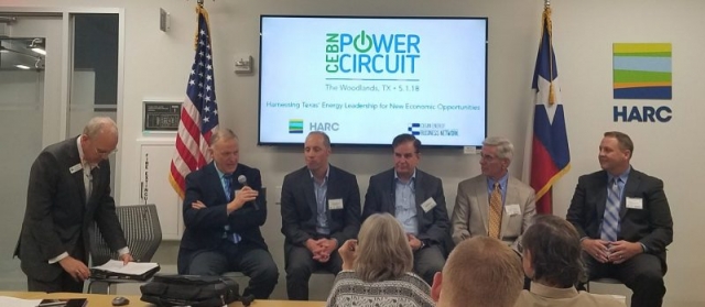 Oil companies discuss their growing interest in cleantech and efficiency. From L to R: Rich Haut, Senior Research Scientist, Houston Advanced Research Center; George King, Distinguished Engineering Advisor, Apache Corporation; Chad Bown, Venture Principal, BP Ventures; Jeff Wolfe, Senior Strategy & Execution Consultant to O&G, Cleantech Industry; Loy Sneary, President, Gulf Coast Green Energy; and Ray Deyoe, Managing Director, Integral Power.